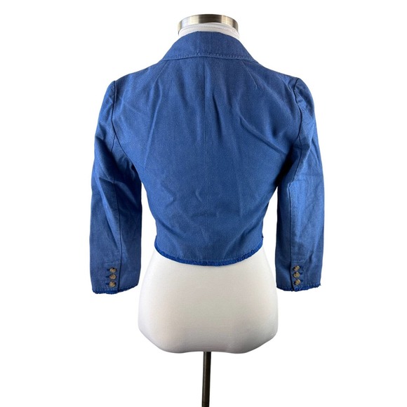 by Anthropologie Cropped Frayed Hem Blazer Blue Single Button Women's Size 2 - Picture 10 of 13